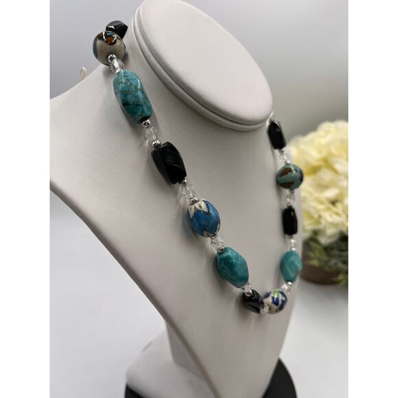 Turquoise, Black Onyx, Faceted Glass and Ceramic Beaded One Strand Necklace - Picture 9 of 12